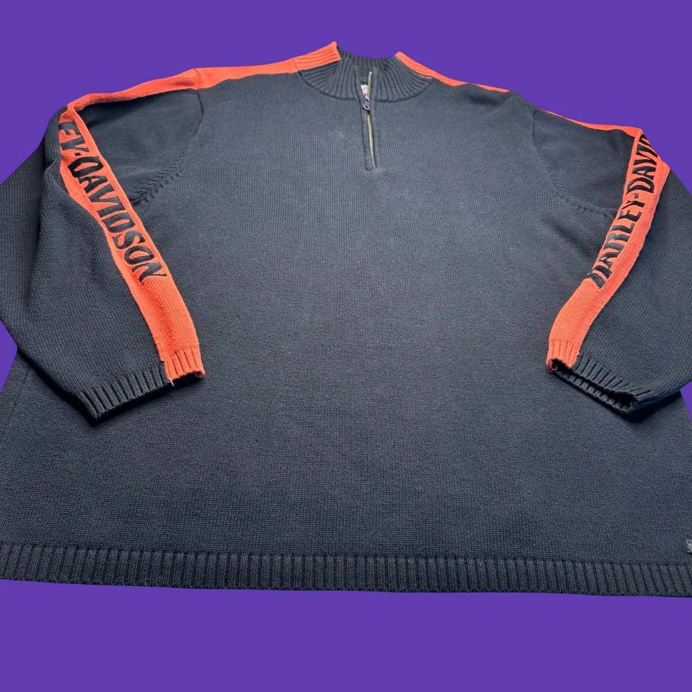 Harley Davidson Mens XL Black Orange 1/4 Zip Knit Sweater Biker Motorcycle